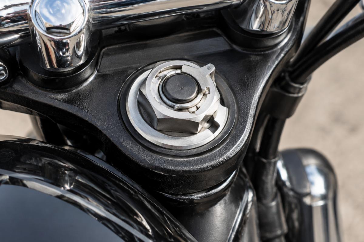 Close up of steering stem nut and lock hardware for big twin