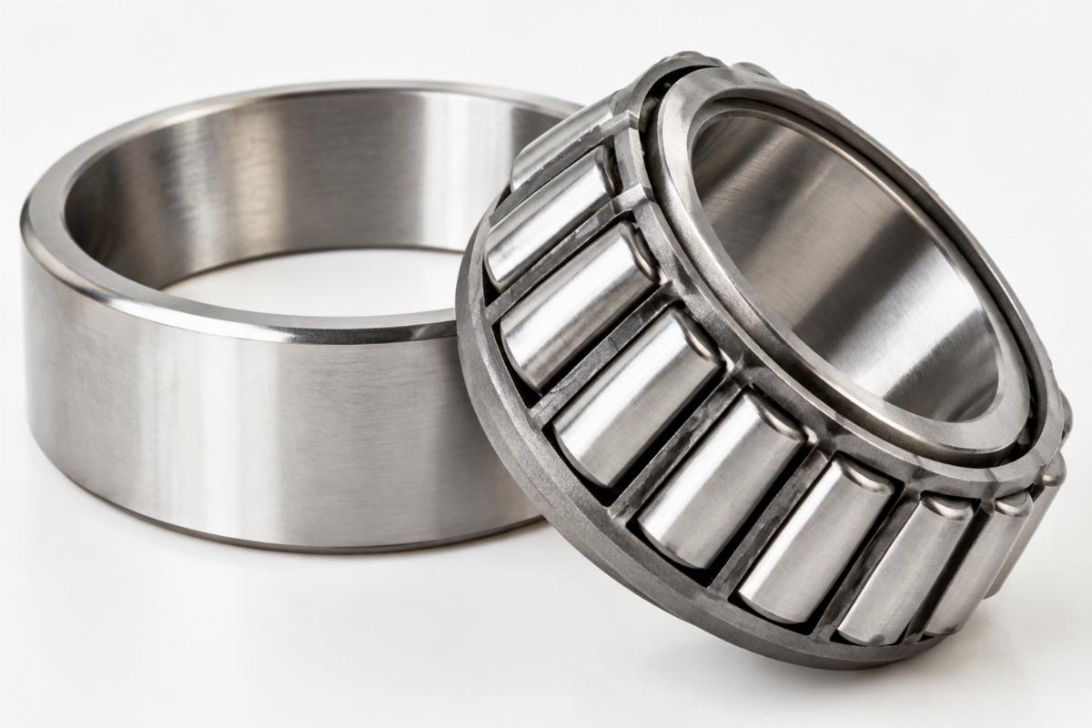 Close up of tapered bearing race and roller assembly