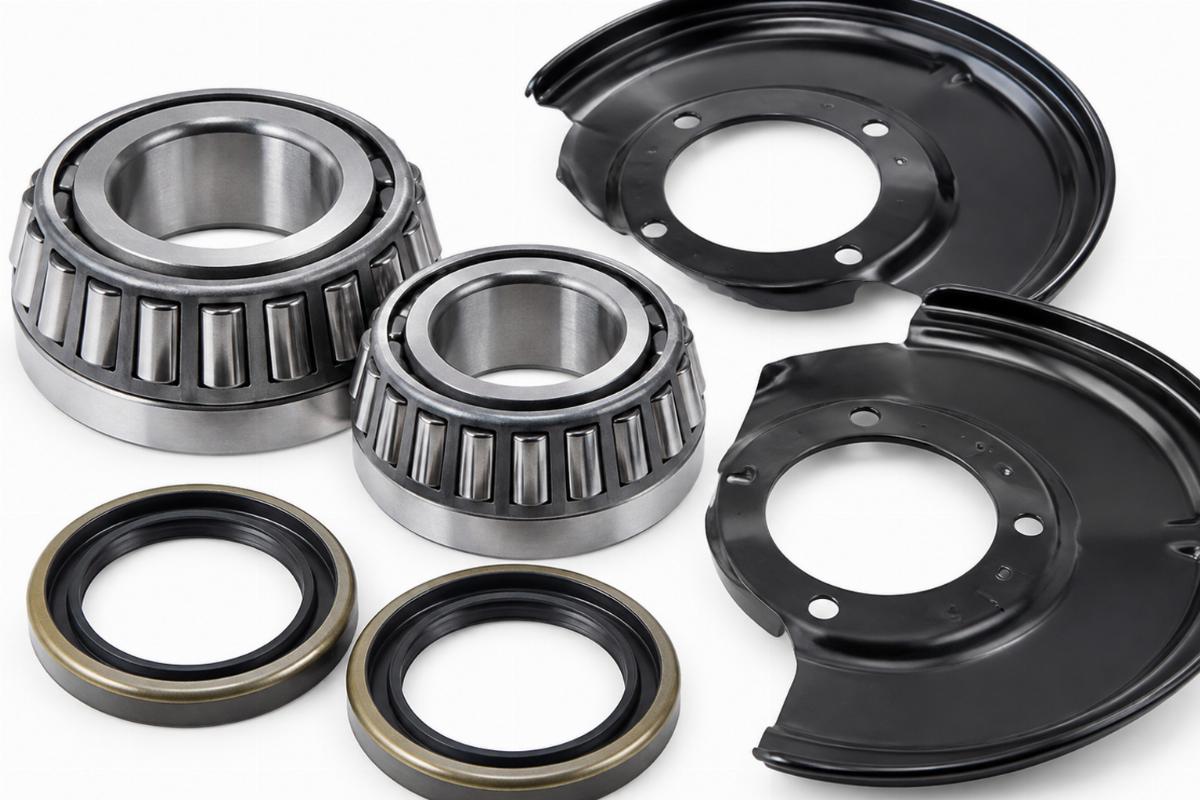 Close up of tapered roller bearings and dust shields included in the kit