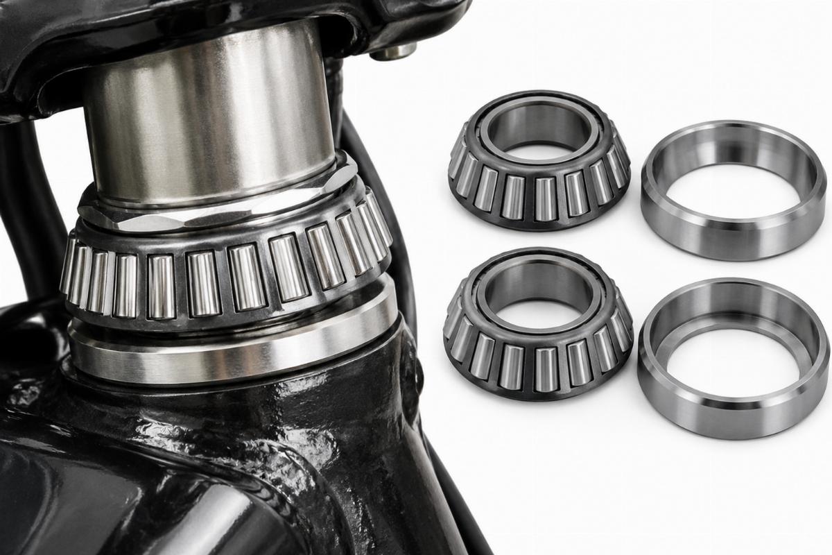 Close up of tapered steering neck bearing for sportsters and big twin showing roller detail and separate race components
