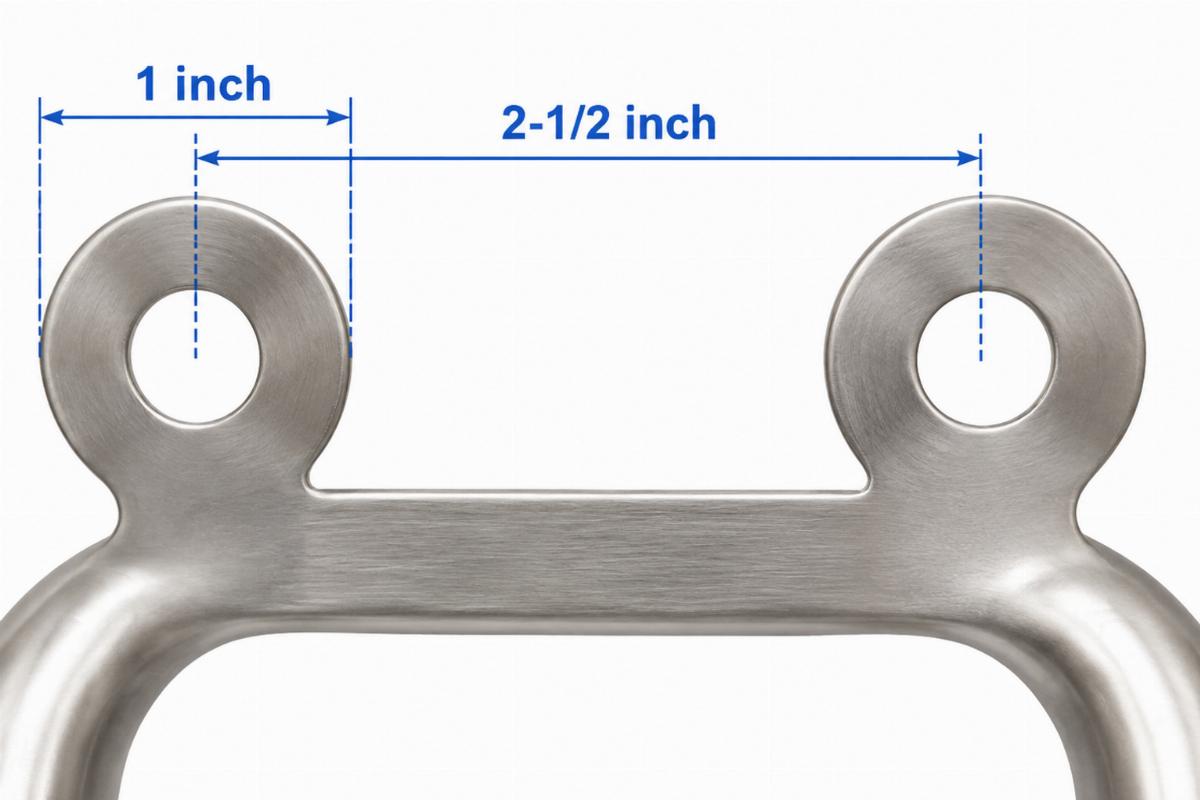 Close up of the 1 inch outer diameter ears and 2-1/2 inch center hole spacing