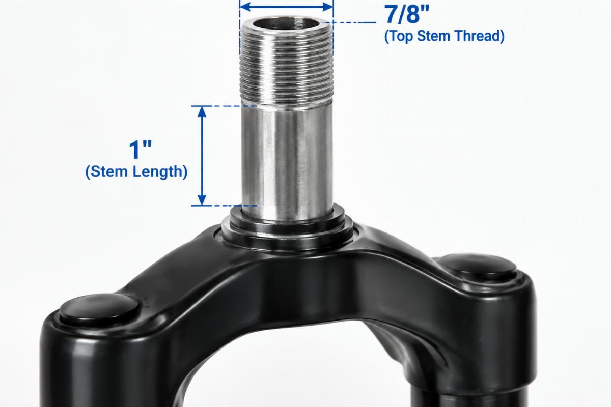 Close-up of the 1-inch stem length and 7/8-inch top stem thread on the fork assembly