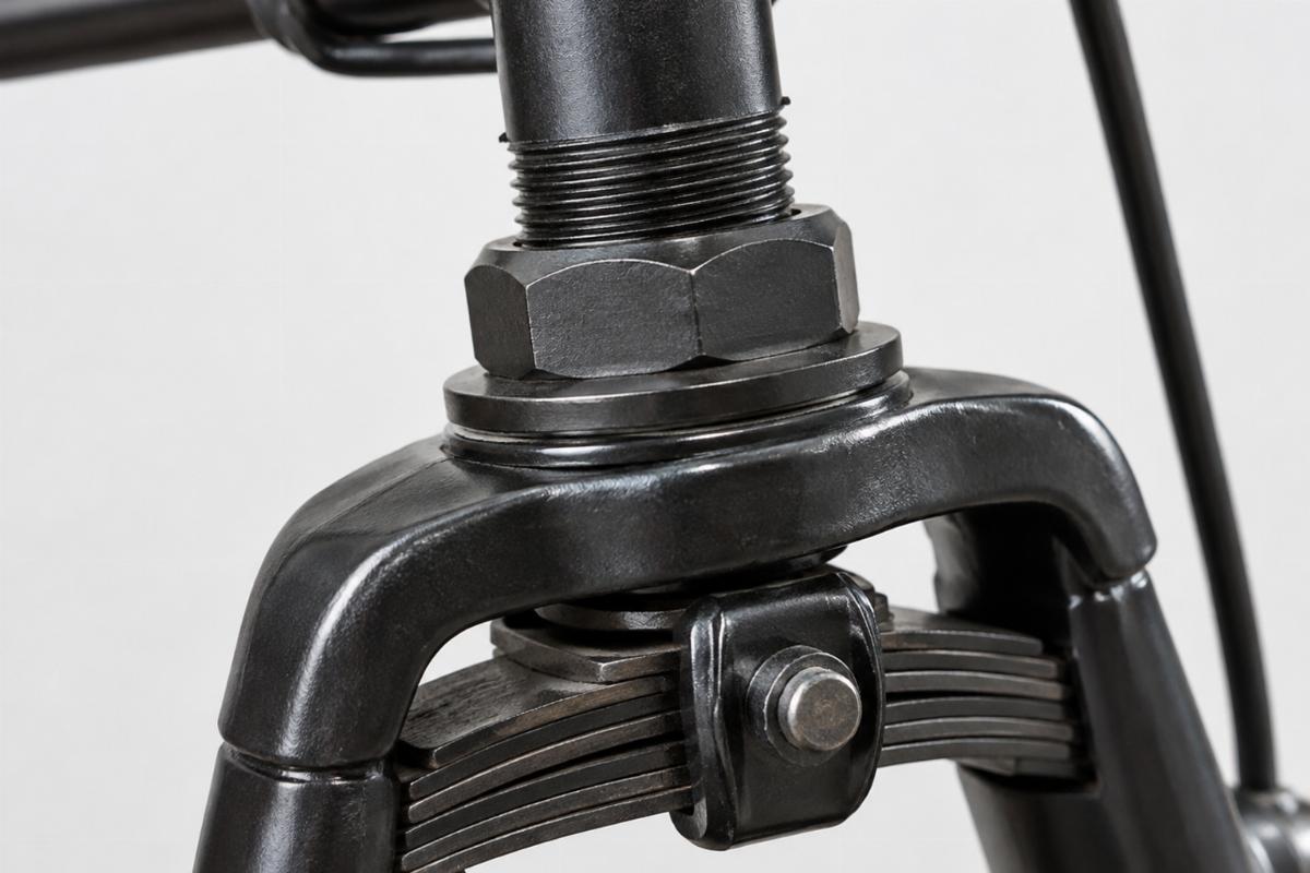 Close up of the 1 inch stem thread and top crown nut on the leaf spring fork