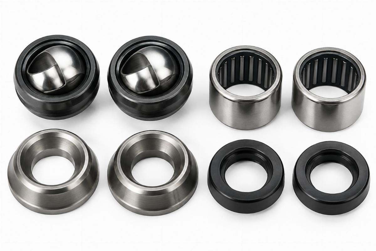 Close-up of the 10-piece spring fork rocker bearing kit showing spherical and race bearings