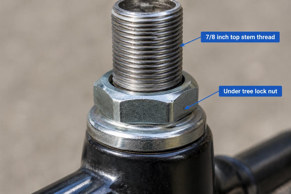 Close up of the 7/8 inch top stem thread and under tree lock nut area