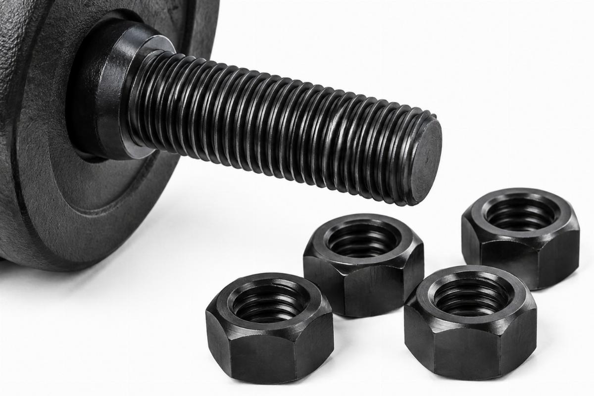 Close up of the axle threads and matching nuts included in the kit
