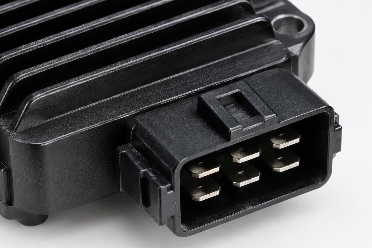 Close up of the black anodized finish and connector pins on the regulator rectifier