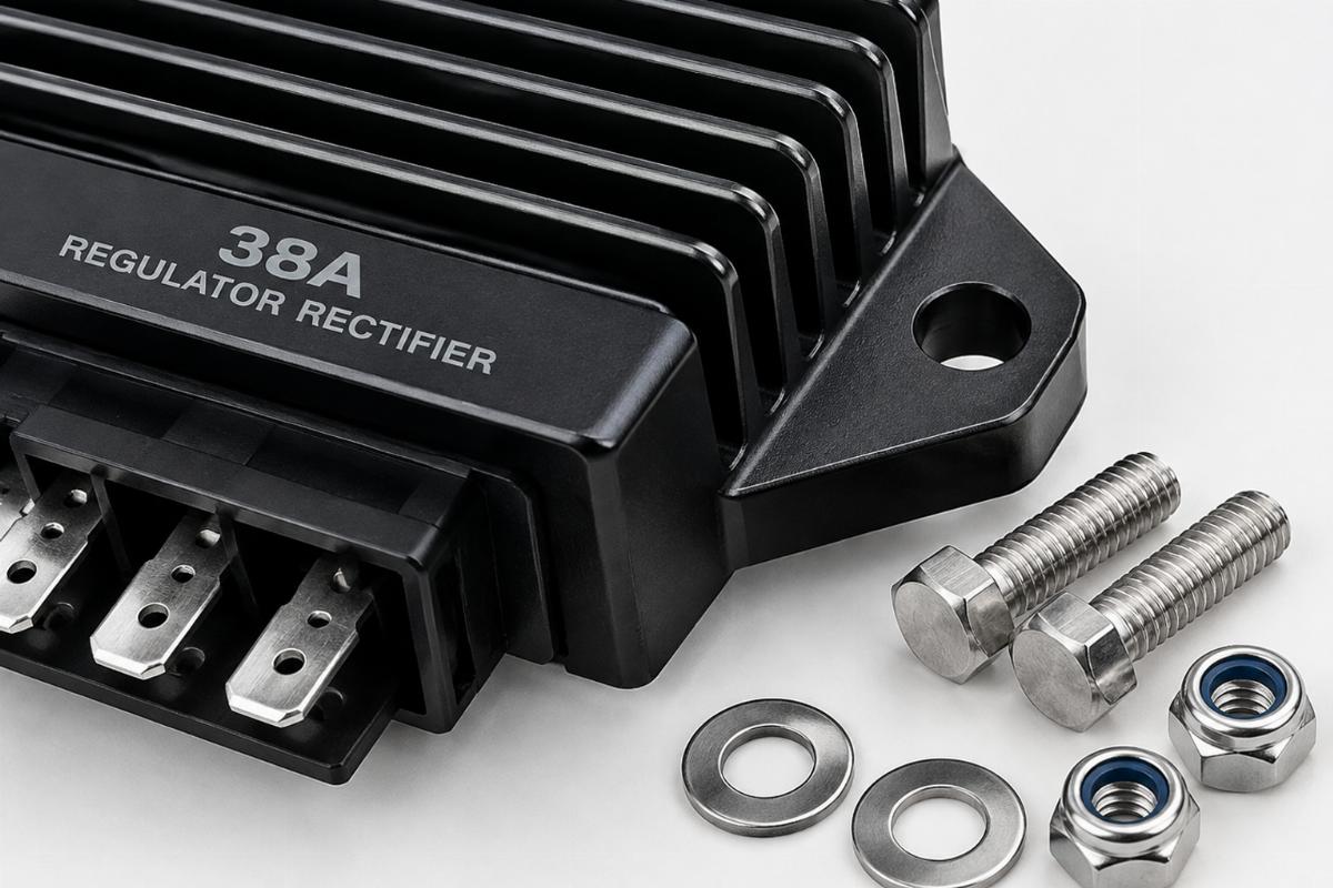 Close up of the black anodized finish and mounting hardware for the 38 amp regulator rectifier