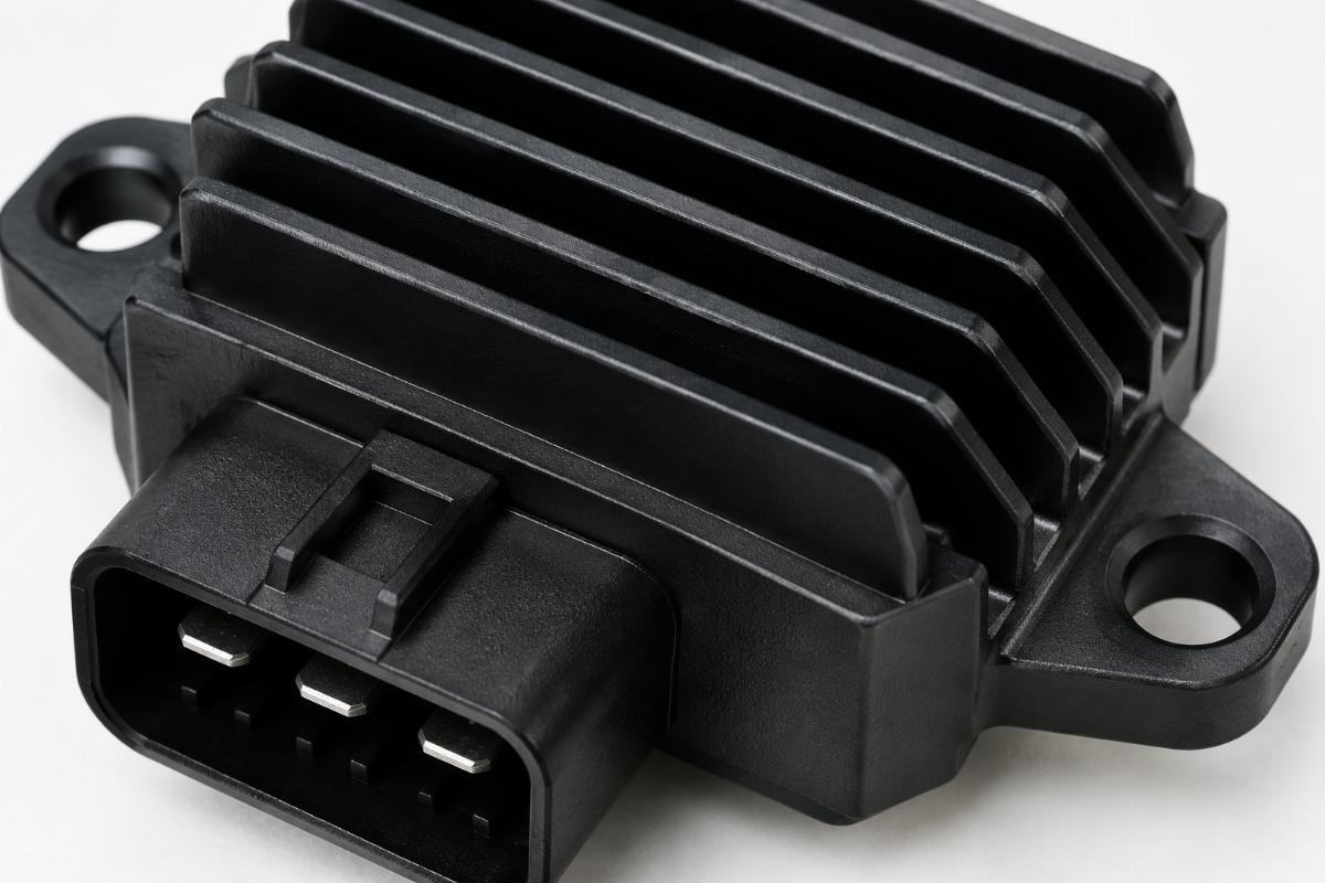 Close up of the black anodized finish and mounting points on the regulator rectifier