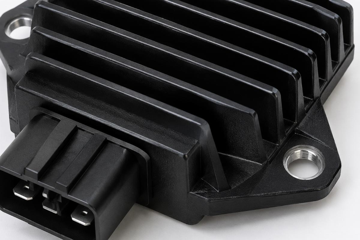 Close up of the black anodized finish and mounting points on the voltage regulator rectifier