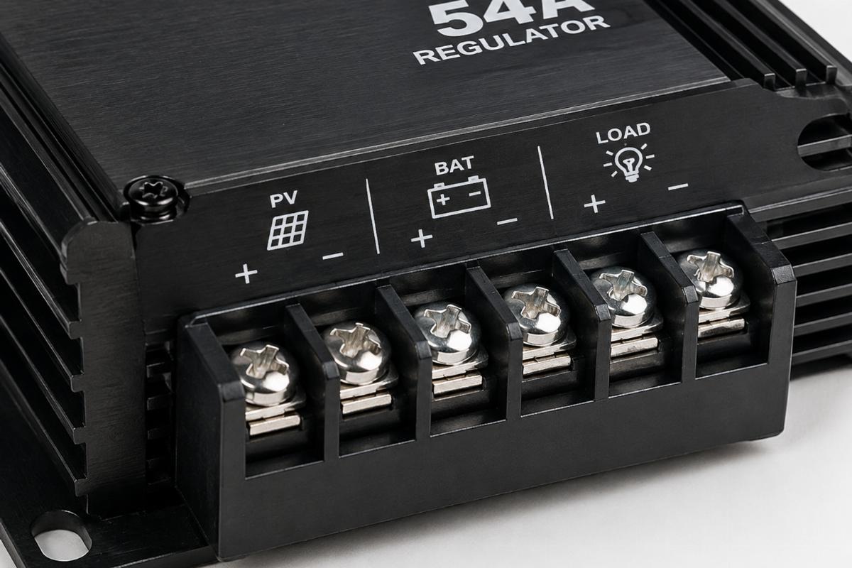 Close up of the black anodized finish and terminal block on the 54 Amp regulator