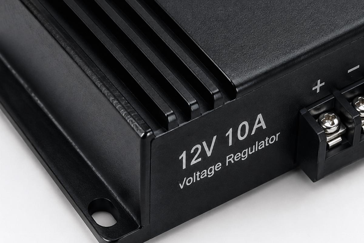 Close up of the black anodized finish on the 12V 10A voltage regulator