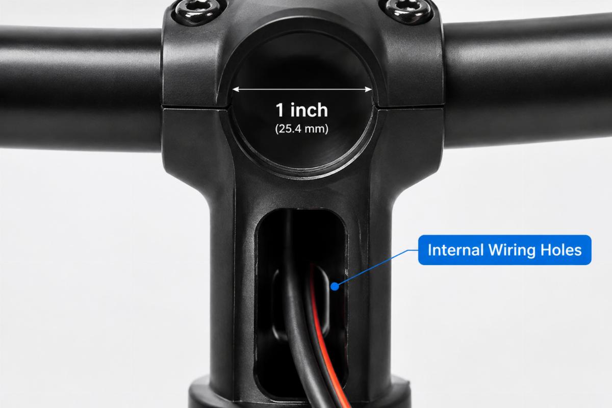 Close up of the center section showing the 1 inch riser mount diameter and internal wiring holes