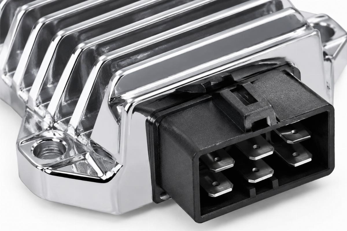 Close up of the chrome plated finish and connector details on the regulator rectifier