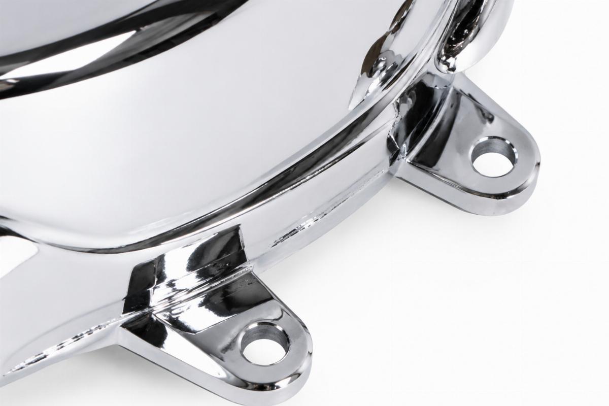 Close up of the chrome plated finish and mounting tabs