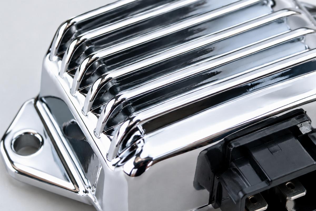Close up of the chrome plated finish on the voltage regulator rectifier casing