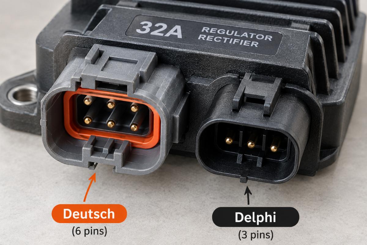 Close up of the Deutsch and Delphi connector pins on the 32-amp regulator rectifier