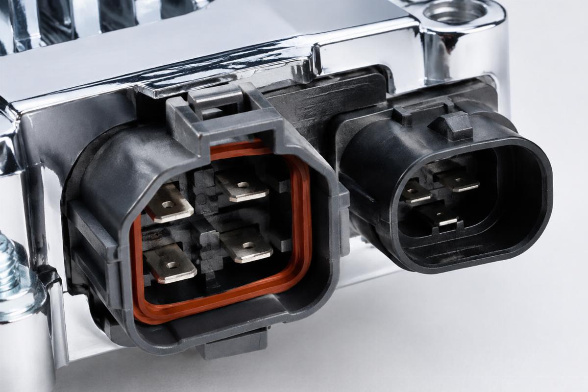 Close up of the Deutsch and Delphi connector terminals on the chrome plated regulator