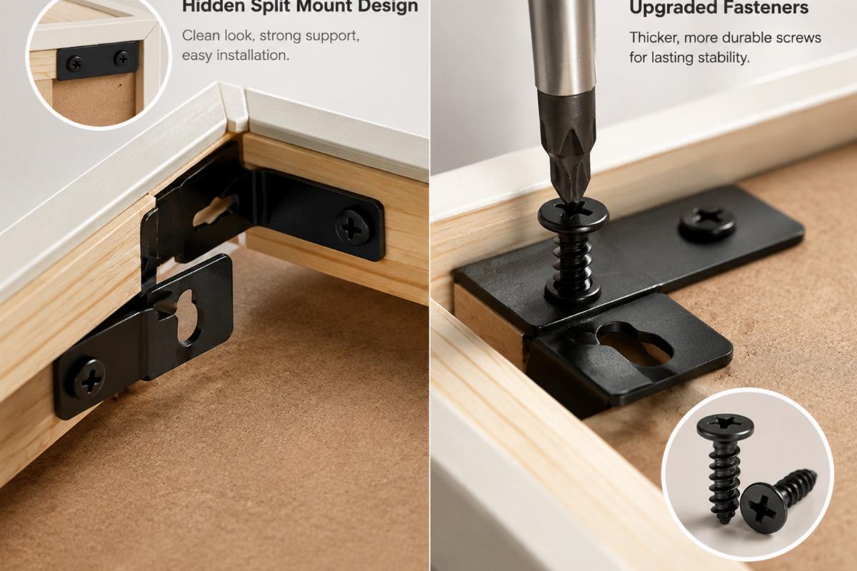 Close-up of the hidden split mount design and upgraded fasteners