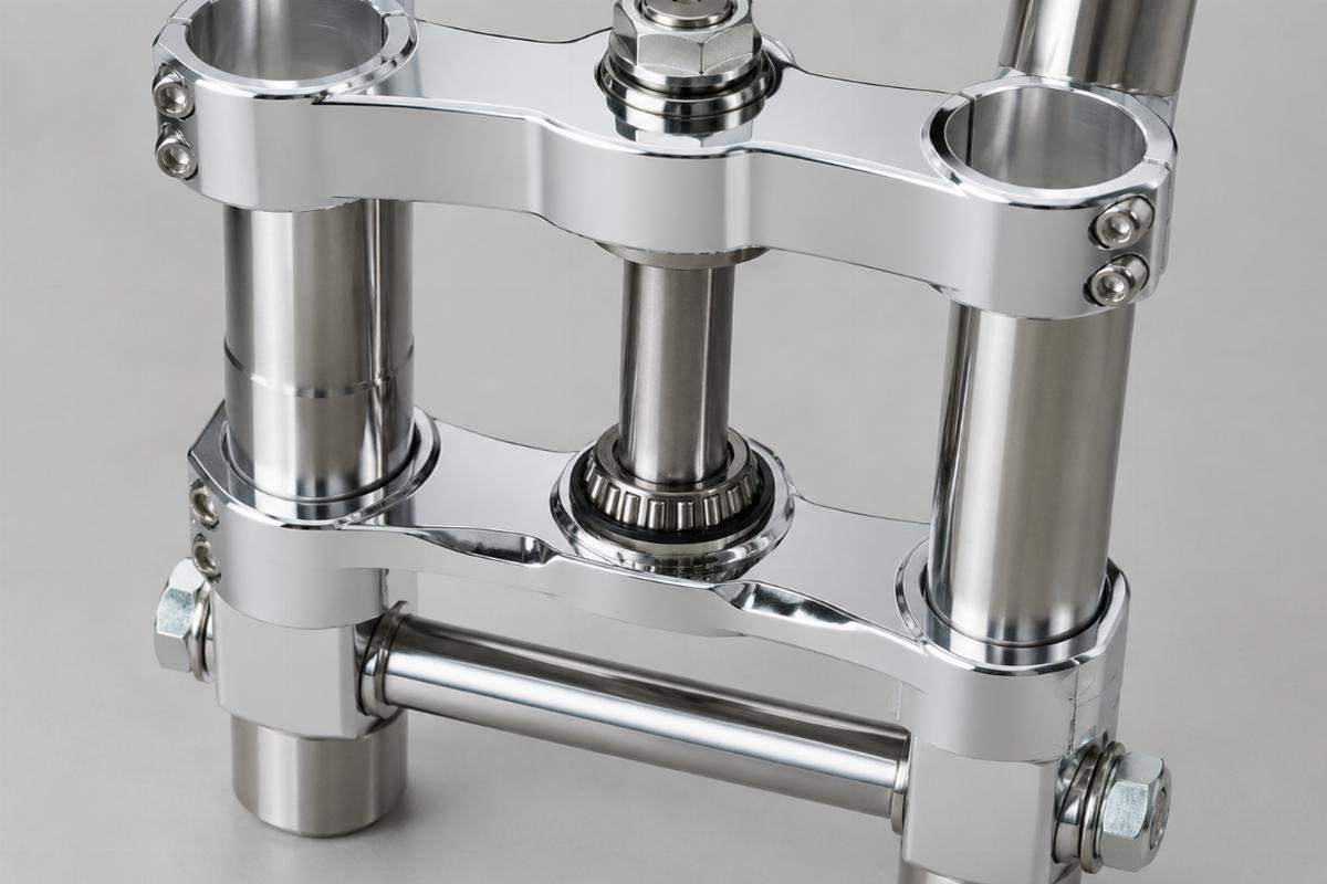 Close up of the machined chrome triple tree without ears and 3/4 inch axle assembly