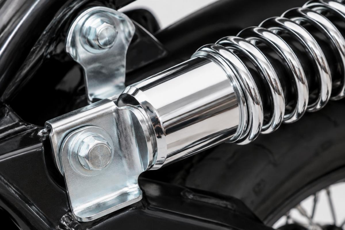 Close up of the mount brackets and chrome plating on the shock assembly