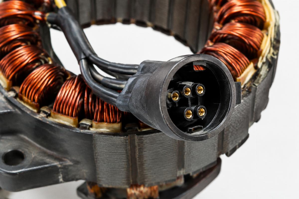 Close-up of the round female plug on the unmolded alternator stator for sportster