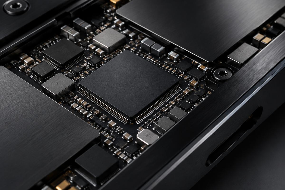 Close up of the solid state circuitry and black anodized finish