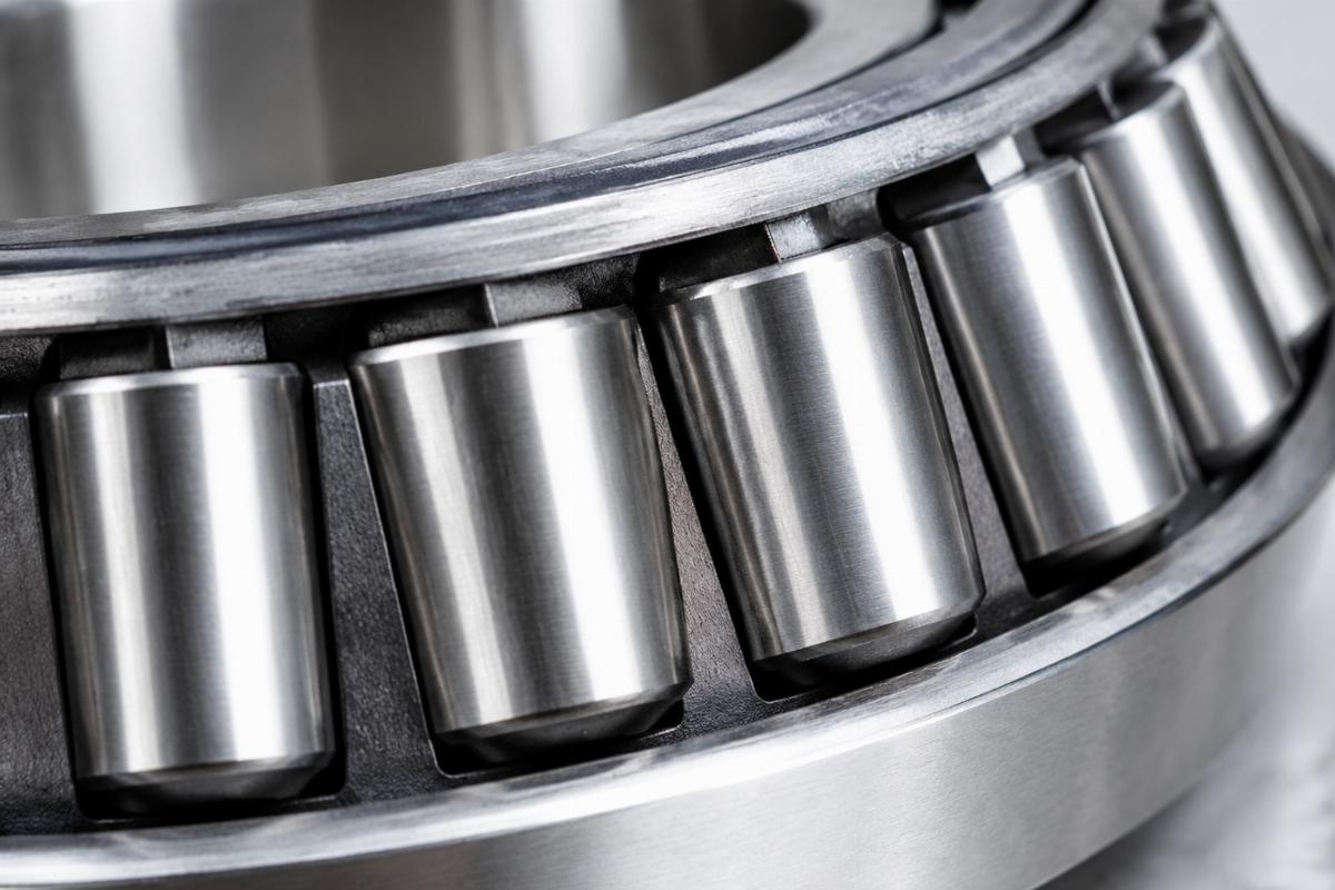Close up of the tapered rollers and cage inside the bearing assembly
