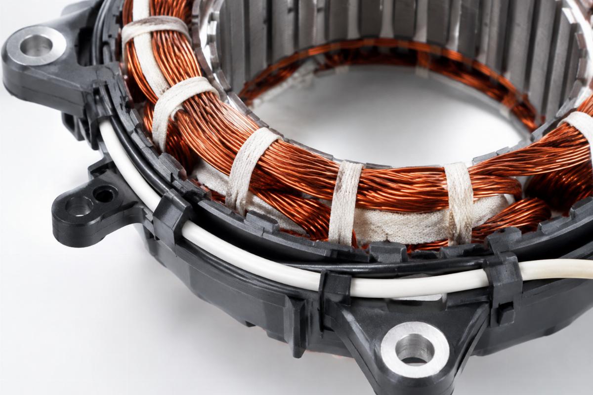 Close-up of the unmolded stator mounting points and wire routing