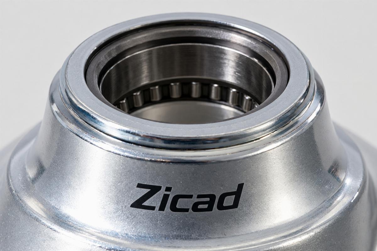 Close up of the Zicad plated neck cup showing the pressed-in tapered bearing race