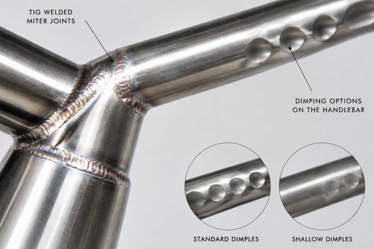Close up of TIG welded miter joints and dimpling options on the handlebar