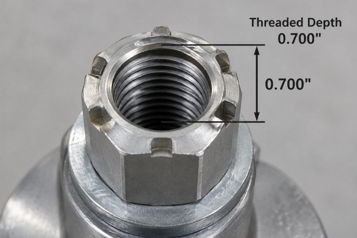 Close up of top crown nut set showing .700" threaded depth