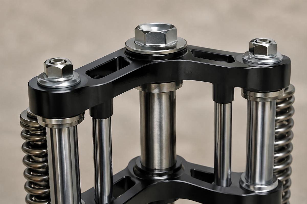 Close up of triple tree and 1 inch stem on the narrow spring fork assembly for custom springer