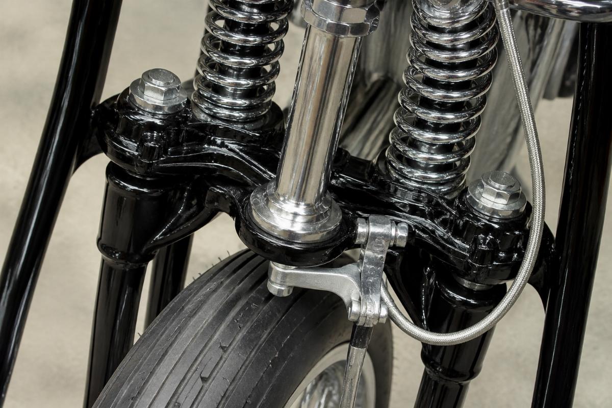 Close up of triple tree stem and brake boss on narrow springer fork