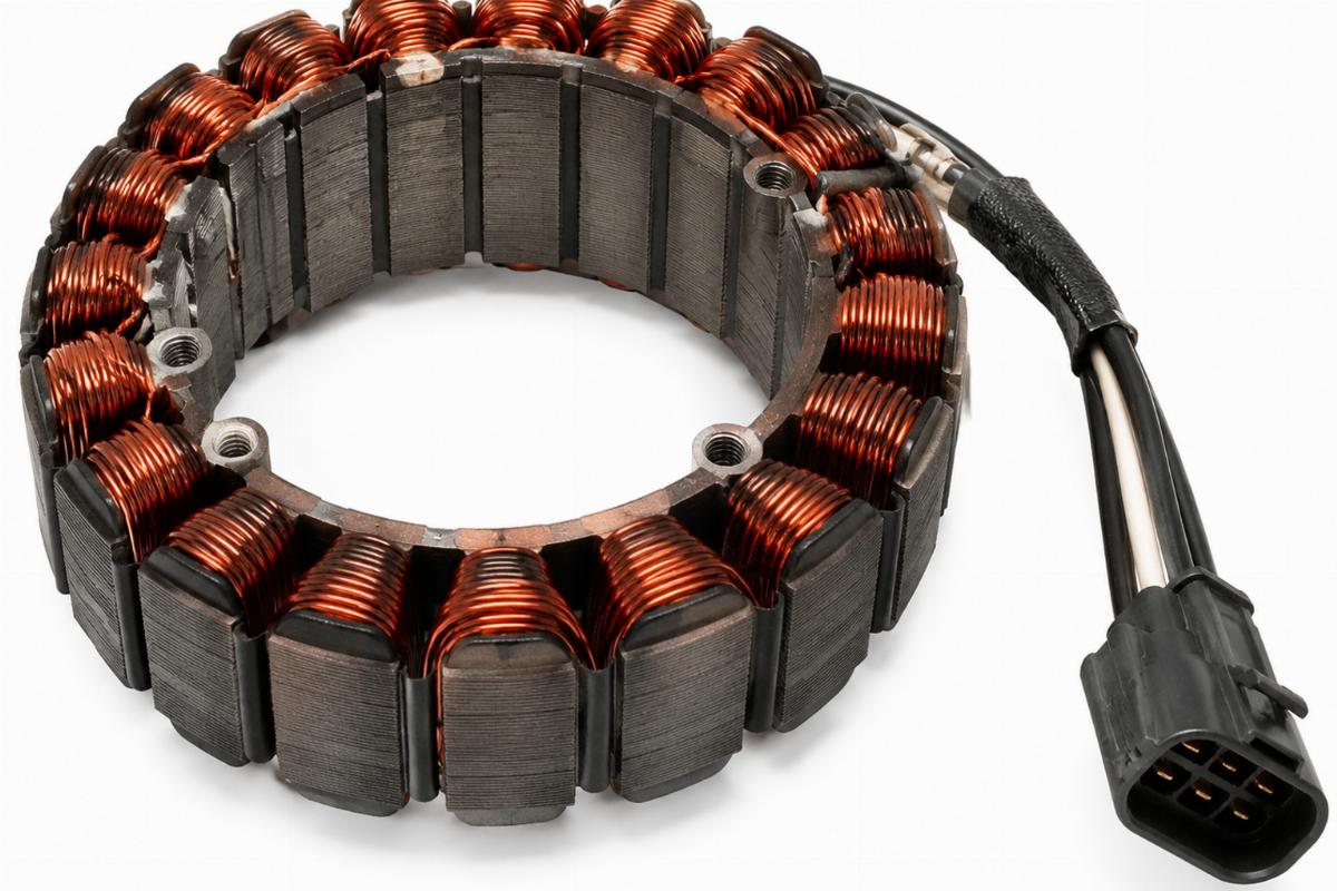 Close up of unmolded alternator stator for flh flt showing connector pigtail