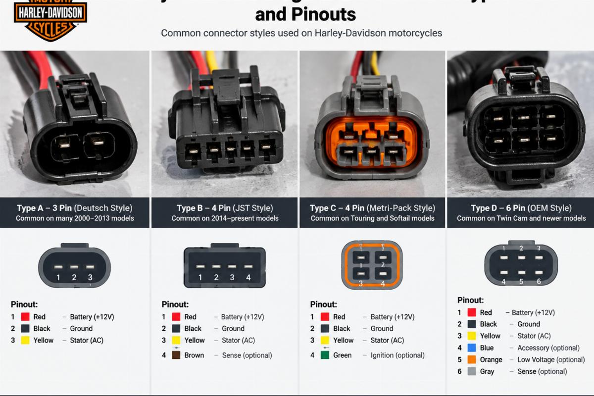 Close-up of various Harley-Davidson regulator connector types and pinouts