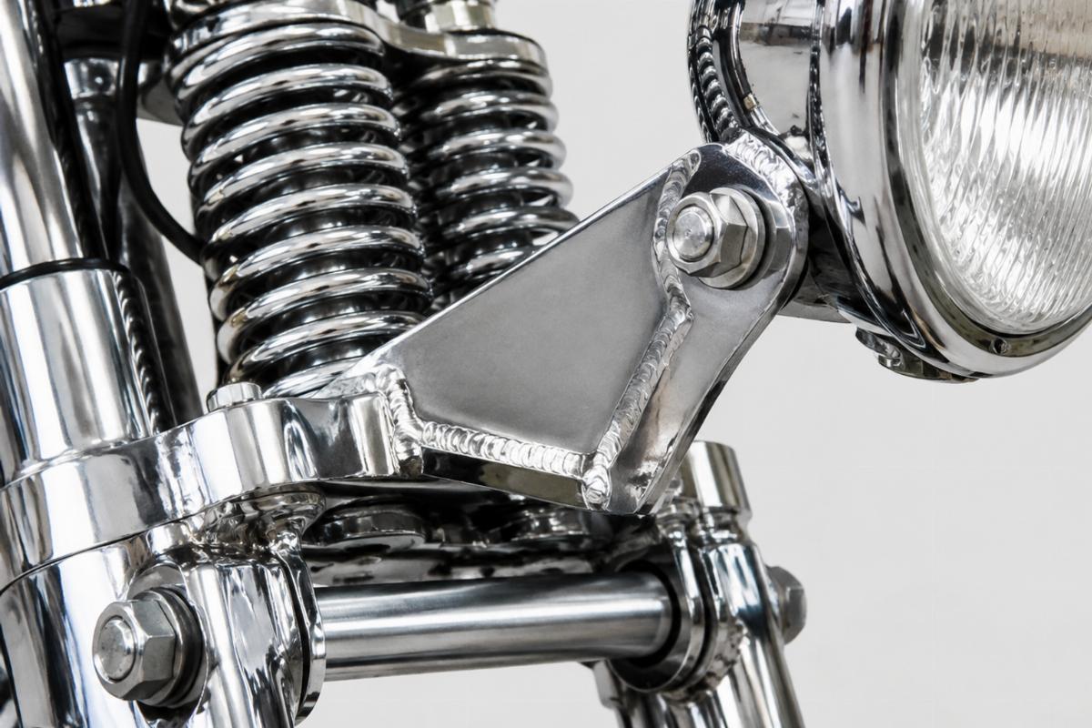 Close up of welded headlamp bracket and 3/4 inch axle on chrome springer fork