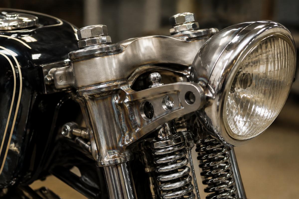 Close up of welded headlamp brackets and top tree on springer front end