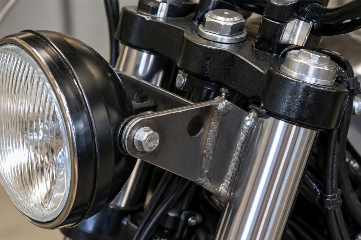 Close up of welded headlamp brackets and top tree on the fork assembly