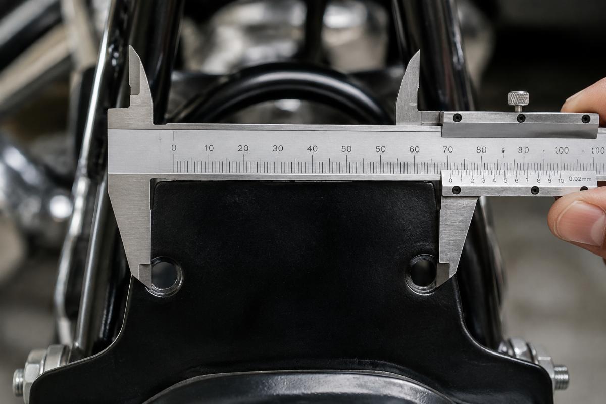 Close-up photo of calipers measuring the center-to-center distance of sissy bar mounting holes