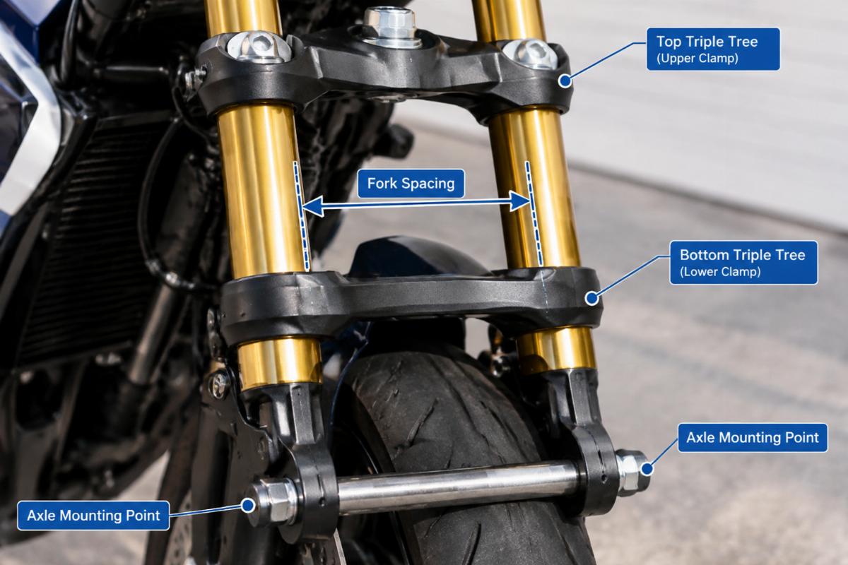 Close-up photo of motorcycle fork triple trees highlighting spacing and axle mounting points
