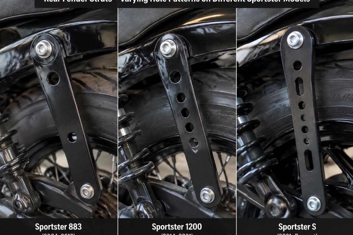 Close-up photo of rear fender struts highlighting the varying hole patterns on different Sportster models