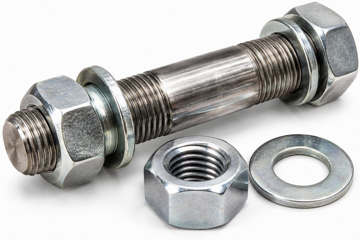 Close up view of a 3/4 inch springer axle and nuts set 3/4" showing thread details
