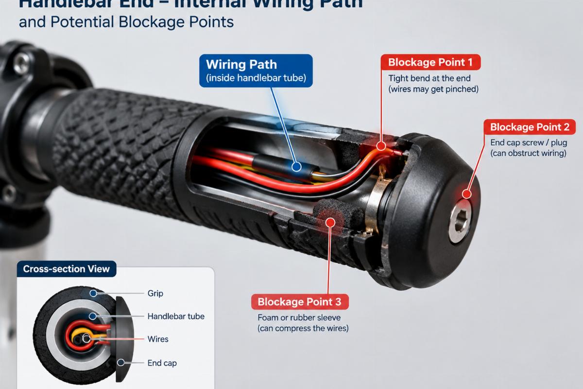 Close-up view of a handlebar end showing the internal wiring path and potential blockage points