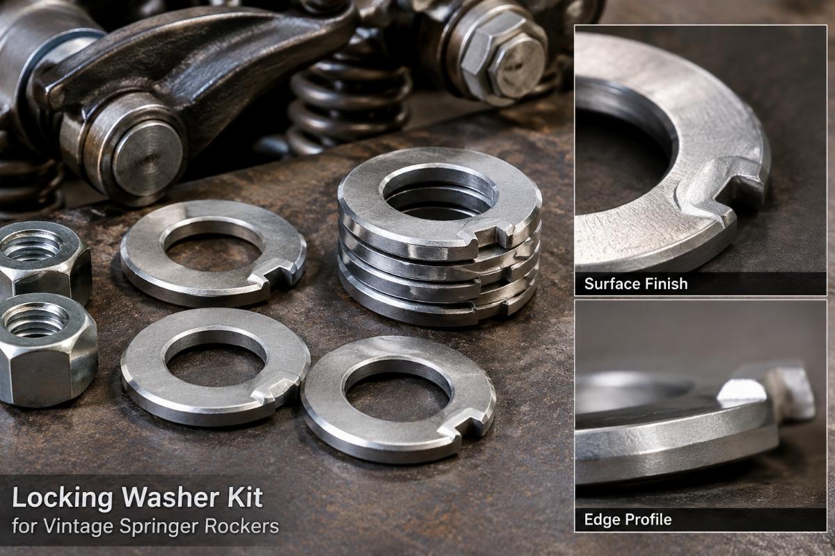 Close-up view of a locking washer kit for vintage springer rockers showing surface finish and edge profile