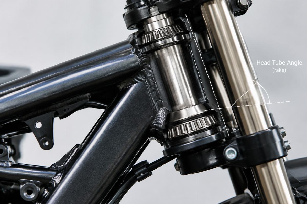 Close-up view of a motorcycle frame neck showing the head tube angle and bearing setup