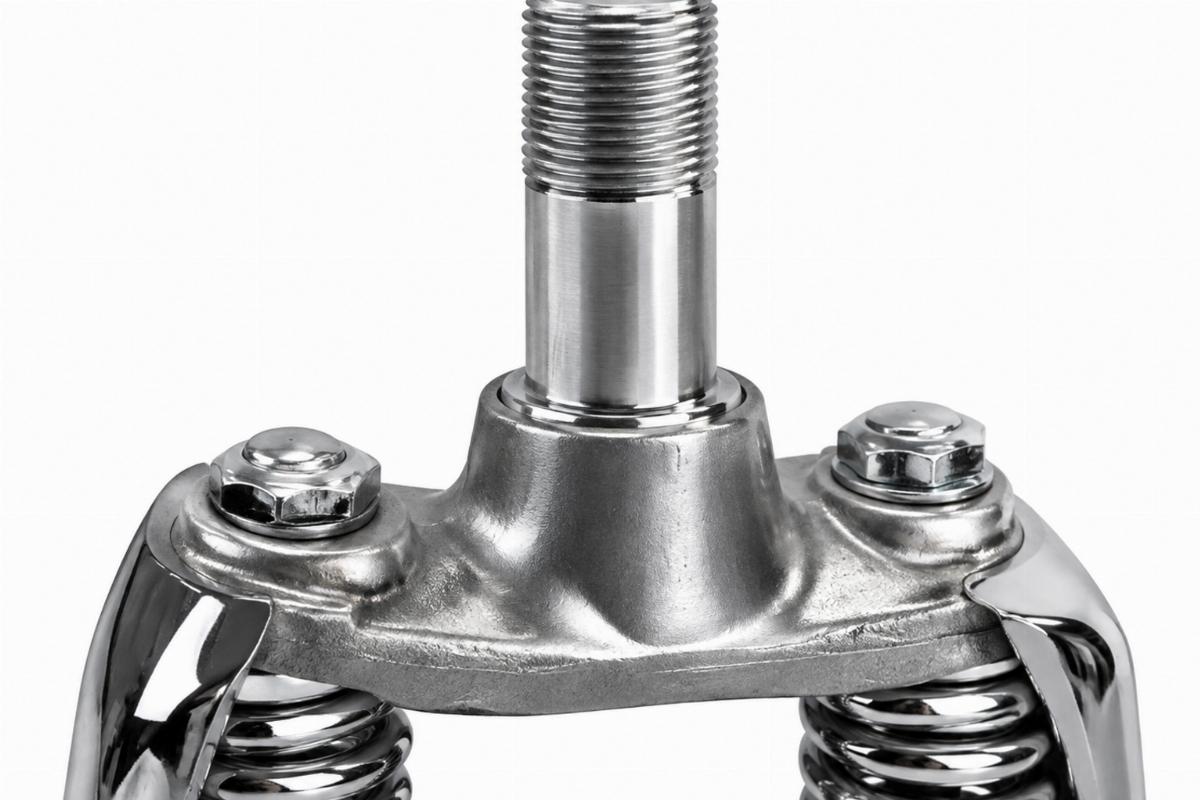 Close up view of a neck post for wide style springer showing stem threads and base