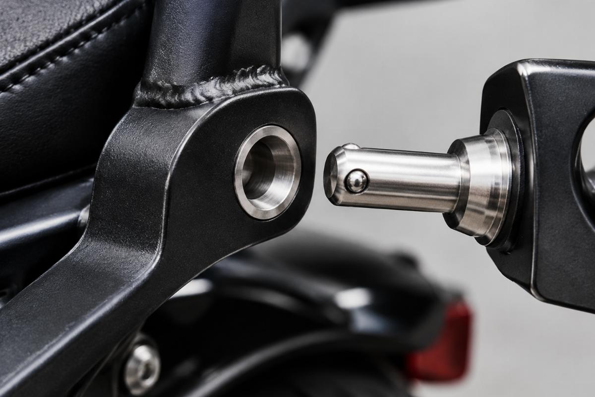 Close-up view of a precision-machined locking pin and receiver hole on a detachable sissy bar