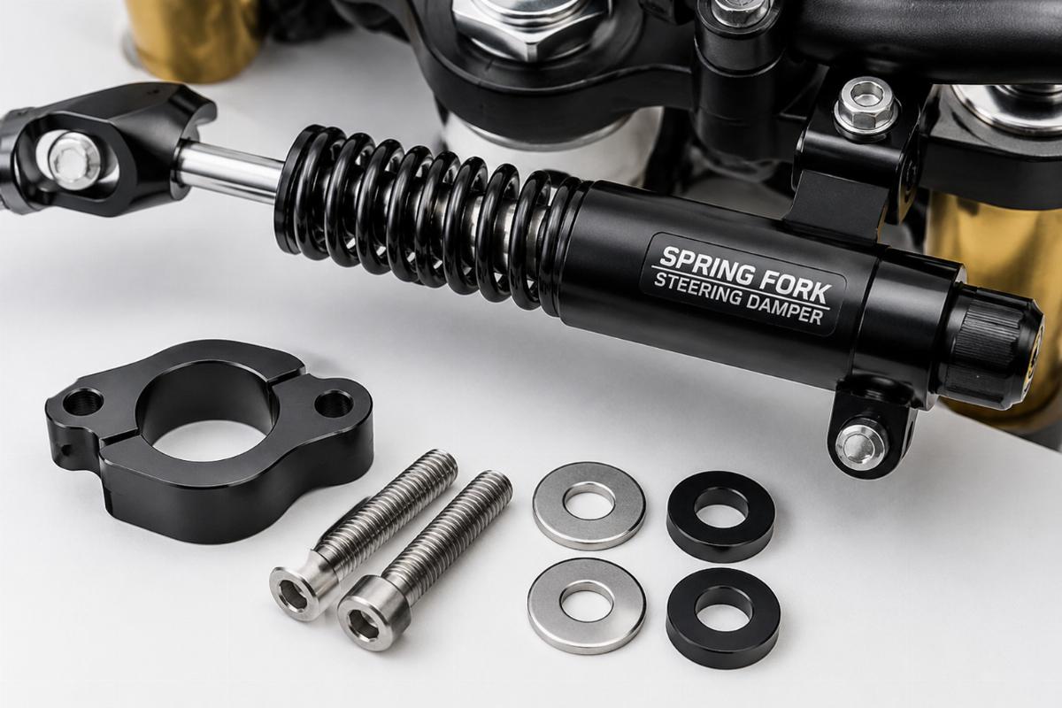 Close up view of a spring fork steering damper kit motorcycle aftermarket handle and washer assembly