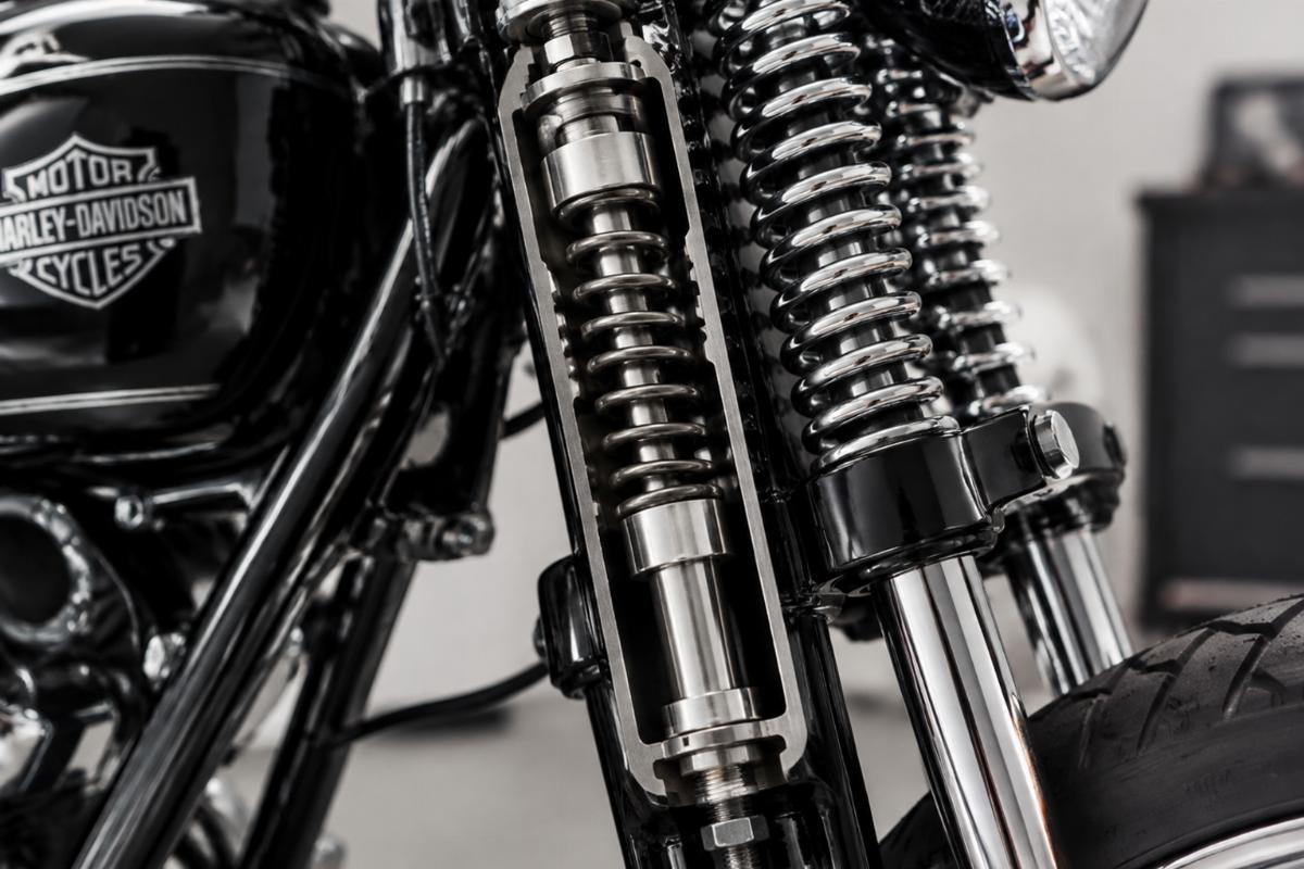 Close up view of a springer spring kit for harley-davidson showing the internal spring and rod assembly